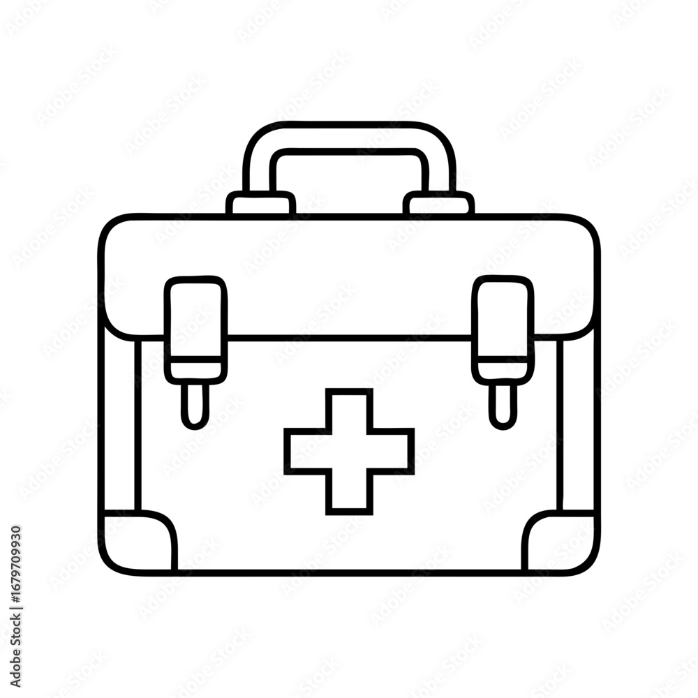 Obraz premium Vector art of first aid kit is a medical bag with cross symbol for emergency treatment and healthcare assistance in case of accident