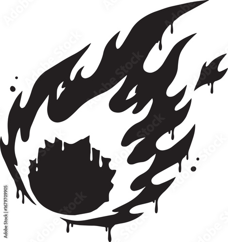 Stylized black fiery sphere with drip effect and abstract elemen