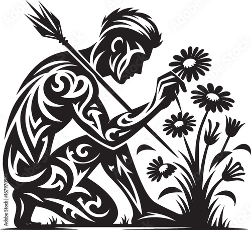 Silhouette of a Warrior Adoring Flowers: A Symbolic Representation of Peace and Nature