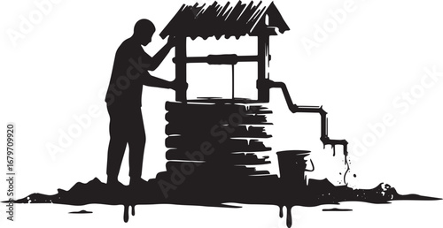 Silhouette of a man drawing water from a well, rural simplicity
