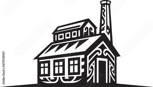 Monochrome abstract depiction of industry building with tribal a