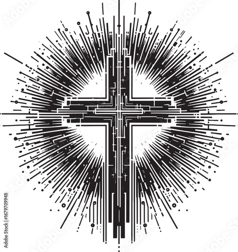 Intricate Black and White Illustration of a Cross with Radiant Burst Effect Design