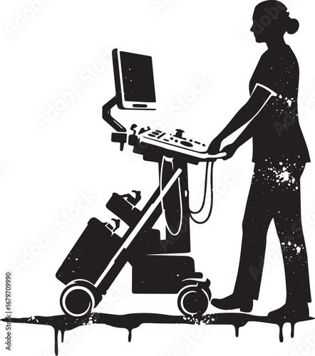 Monochromatic healthcare professional operating diagnostic ultra