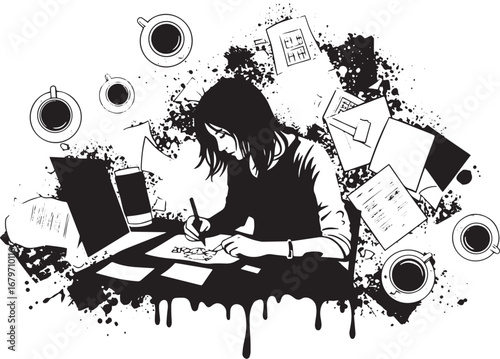 Focused artist at work, surrounded by creative chaos and inspira