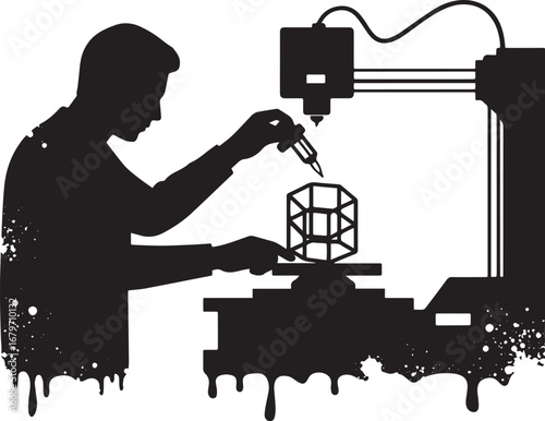 Creative silhouette depiction of a man using a 3D printer to mak