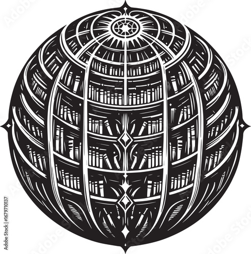 Intricate Black and White Illustration of a Globe Resembling a Library with Books and Details