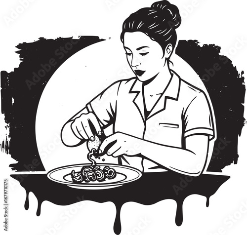 Elegant illustration of a woman preparing zucchini noodles with