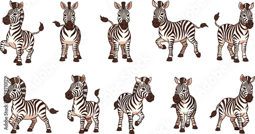 Cartoon zebras strike various poses, isolated. Wildlife, animals, safari, cute, fun, mammals.