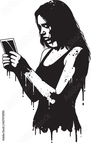 Monochrome silhouette of a woman examining a photograph with mel