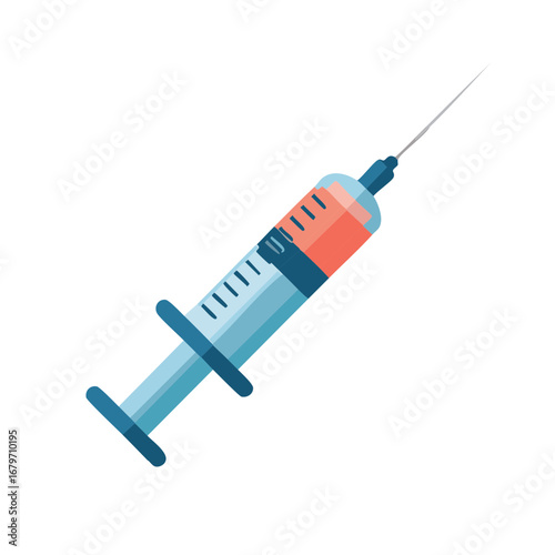 Simple flat design vector icon of a medical syringe with red liquid for vaccination