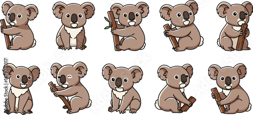Ten cute cartoon koalas with logs and branches. Wildlife, animal, icon, graphic, mascot