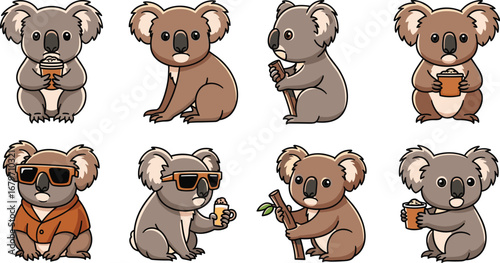 Koalas pose with drinks and eucalyptus. Cartoon characters, cute animals, funny poses, wildlife, adorable, illustration.