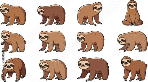 Sloths stand and sit. Cute cartoon animal, funny, slow, nature, wildlife, tropical, mammal, lazy, furry, brown, adorable, happy, calm, sleepy