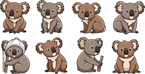 Cartoon koalas sitting in various poses. Cute wildlife, animal illustration, mammal, adorable, graphic, nature, icon, zoo, furry, cuddly, character, funny, vector