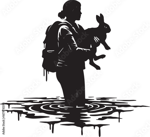 Silhouette of a woman rescuing a rabbit from the rising water le
