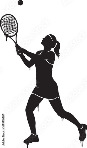 Dynamic tennis player silhouette, poised to strike with dripping