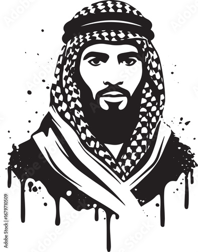 Monochrome Portrait of a Man in Traditional Arab Attire with Art