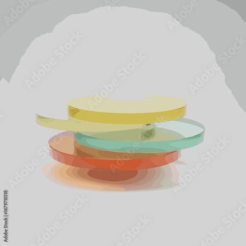 Abstract composition of stacked colorful circular glass discs.