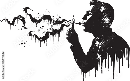 Silhouette of a man blowing out a candle with cosmic smoke surre