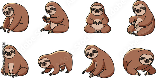 Collection of cartoon sloths in various poses. Cute animal illustrations, wildlife, nature, slow, adorable, funny, lazy, relaxation, happy, chill