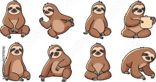 Cute sloths in different poses, doing various actions. Cartoon mammals, slow animals, humor, funny, nature, wildlife