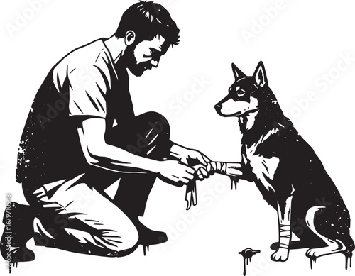 Monochrome illustration of a man tending to an injured dog with