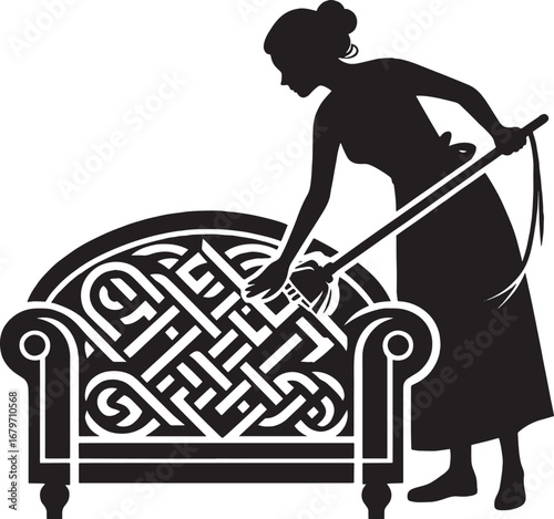 Silhouette of a woman cleaning an ornate chair, a classic representation of home maintenance