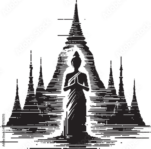 Illustration of a Buddha statue with temple architecture in a vector design in black and white