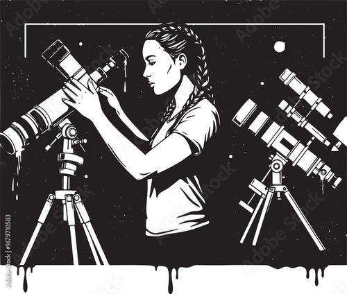 Illustration of a girl looking at a star through a telescope, as