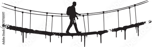 Silhouette of a man confidently crossing a precarious rope bridg