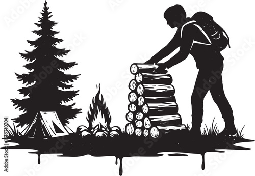 Silhouette Illustration of a Person Camping and Stacking Wood fo