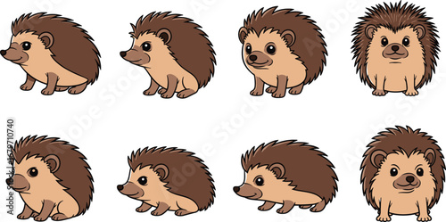Cute hedgehogs are lined up. Animals, cartoon, nature, illustration, wildlife, adorable.
