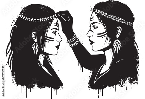 Monochromatic illustration portraying the ritualistic adornment