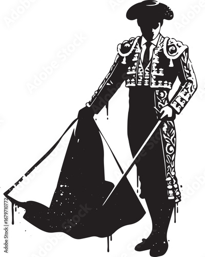 Dramatic Spanish Bullfighter Silhouette with Cape and Sword Arti