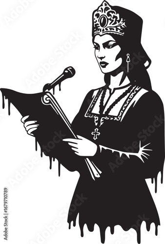 Elegant woman delivering a speech in detailed black and white ve
