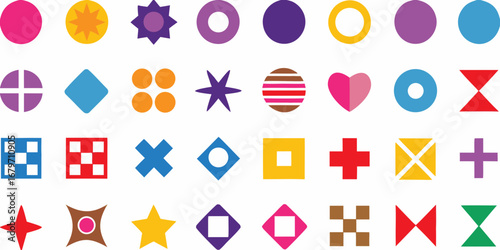 Collection of colorful abstract geometric shapes and symbols on a white background