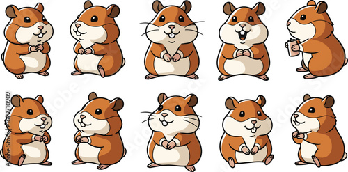 Ten cartoon hamsters stand in rows, various poses. Cute rodents with smiling faces and bright eyes. Pets, animals, illustration, graphic, vector, cartoon, kawaii, happy.