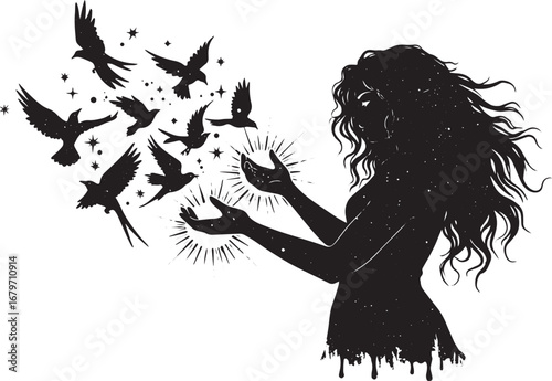 Celestial woman releasing birds with starry silhouette and golde