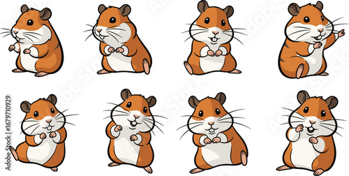 Cartoon hamsters pose with various expressions. Cute rodents with whiskers. Cartoon, animal, pet, rodent, playful, fun