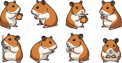 Cute hamster cartoon characters in various poses. Adorable rodents, pets, fun, domestic animals, playful, cheerful, kawaii