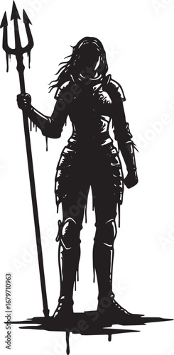 Mysterious armored woman holding a trident standing in stark bla
