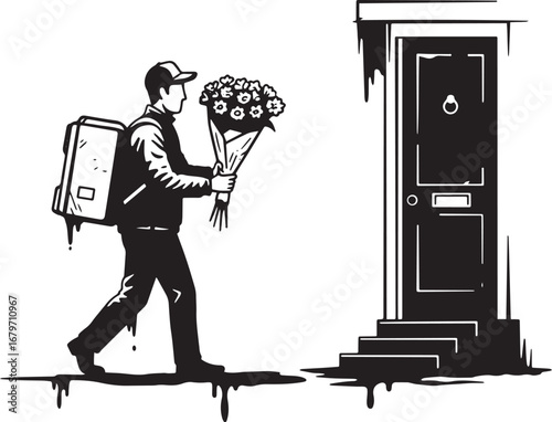 Monochrome artistic delivery illustration of a man bringing flow