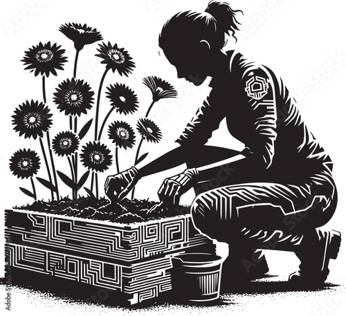 Silhouette of a woman planting flowers in a decorative planter with a gardening bucket nearby