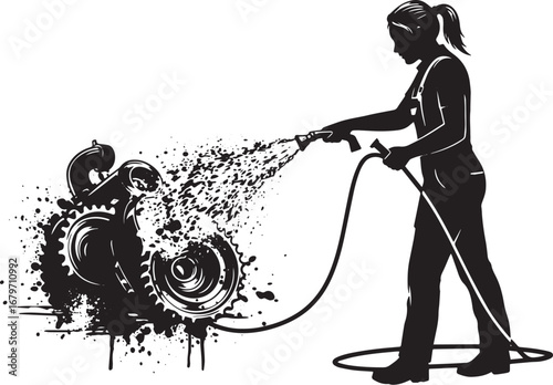 Silhouette depiction of a woman cleaning intricate engine parts