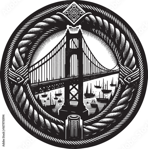Illustrative emblem of the Golden Gate Bridge within a rope circle and decorative details