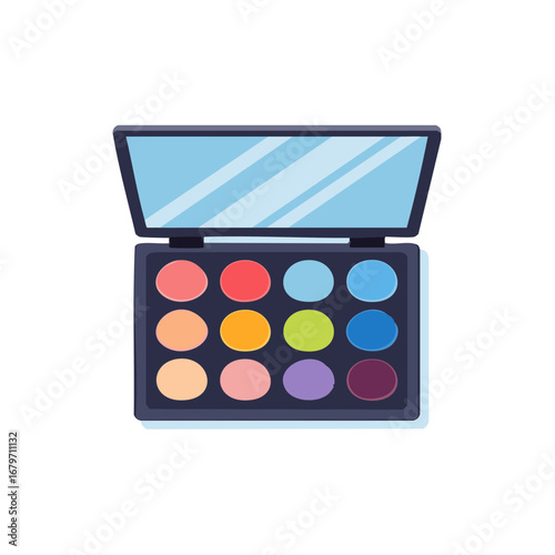 Colorful eyeshadow palette with mirror opened, different shades and colors, makeup kit