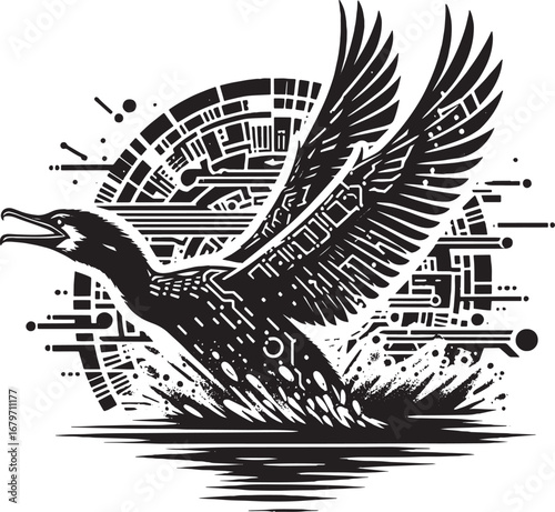 Digital illustration of a bird taking flight over water with a technological circuit-board design
