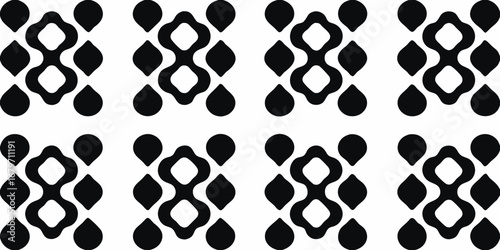 Abstract seamless pattern of black organic shapes and teardrop motifs on a white background