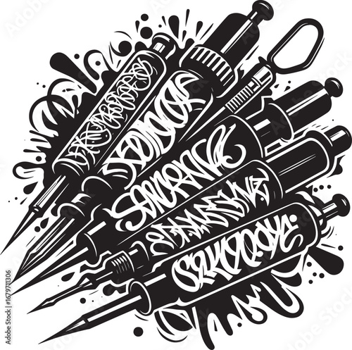 Black and White Illustration of Medical Syringes with Graffiti Style Lettering Design