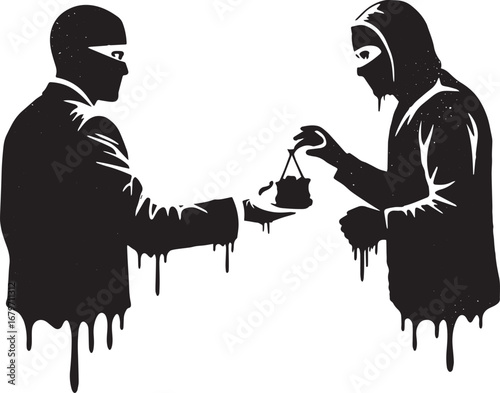 Eerie exchange: anonymous figures in dark suits exchanging valua